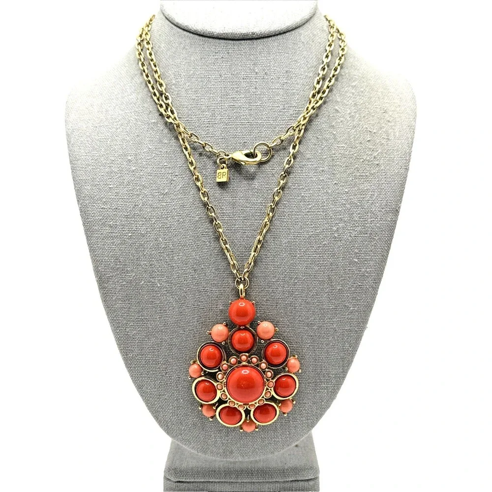BANANA REPUBLIC Coral Orange Amulet Pendant Necklace Statement Long Boho 36
